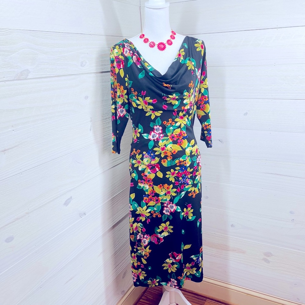 Dressbarn Draped Neck Bold Floral Print Dress 8 FREE SHIP